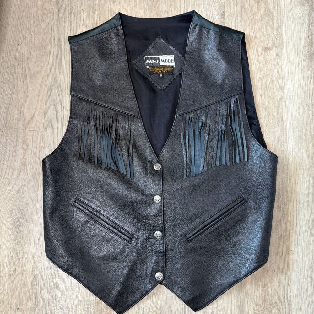Vintage Mona Mode Black Leather Fringe Vest M Biker Cowgirl Festival Boho
